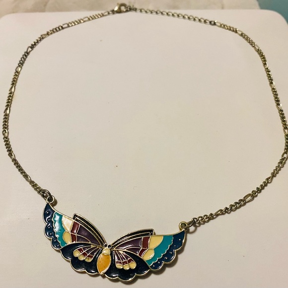 Vintage Enamel Butterfly Necklace Gold-tone Figaro 18 in Chain - Picture 2 of 4